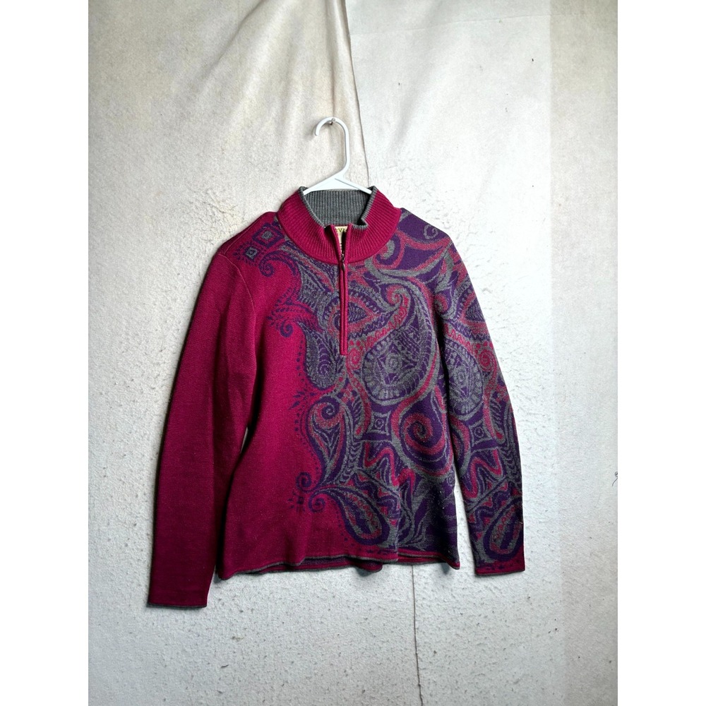 Orvis Passport Sweater Womens Medium Fuchsia Purple Paisley Merino Wool 1/4 Zip